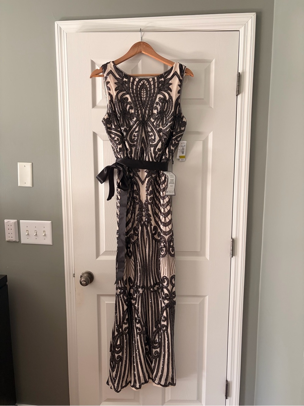 R&M Richards Black Sequin Patterned Maxi Dress on Nude